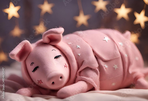 Felt art of a pig sleeping in a bedroom decorated with stars