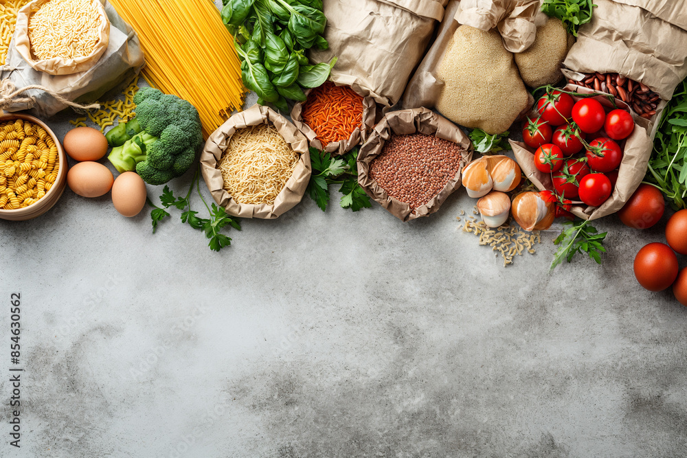 Healthy food. Variety of vegetables, fruits, herbs, cereals and legumes on a texture table. View from above. Place for text. Balanced diet. Banner Healthy food. Variety of vegetables, fruits, herbs, cereals and legumes on a texture table. View from above. Place for text. Balanced diet. Banner