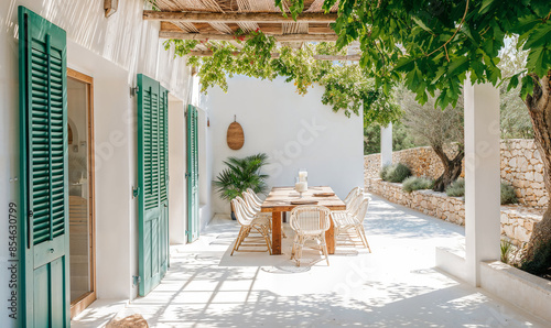 Rustic white patio with green shutters and chairs, timber frame construction, greek art and architecture, mediterranean chill terrace.