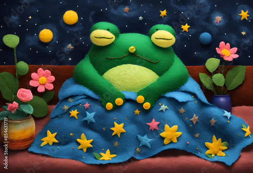 Felt art of a frog sleeping in a bedroom decorated with a night sky.