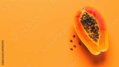 A whole papaya on a light orange background, web banner with copy space for text.