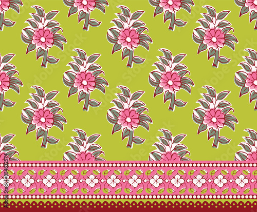 SPRIG FLORAL BLOCK PRINT WITH BORDER SEAMLESS PATTERN VECTOR ILLUSTRATION