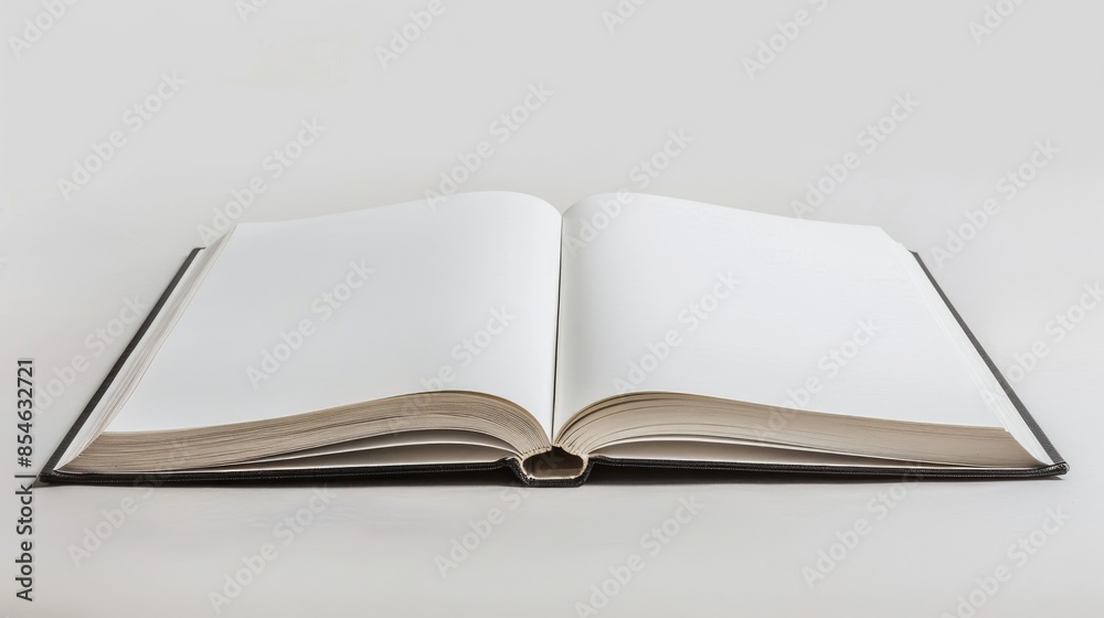 Fototapeta premium White blank pages in an open hardback book on a white backdrop