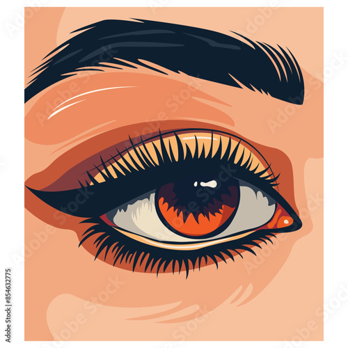 Human eye and eyebrow vector illustration. Beautiful single eye of girl with long eyelashes, eyelid and reflection, model for beauty industry, human organ, isolated, vector image