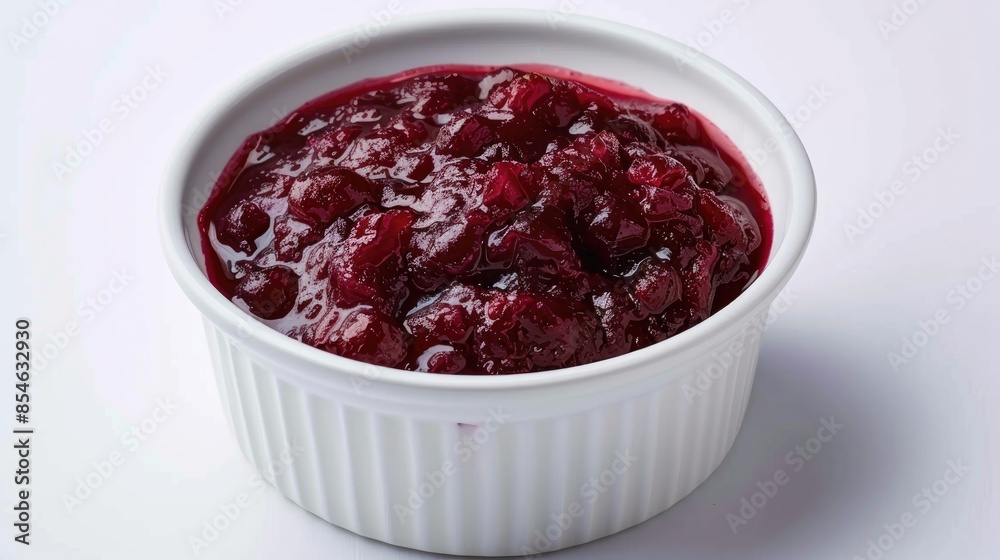 Top view of a white isolated bowl filled with freshly made cranberry sauce Top view of a white isolated bowl filled with freshly made cranberry sauce