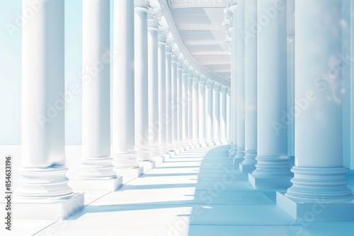 Beautiful airy widescreen minimalistic white and light blue architectural background banner with tilted columns