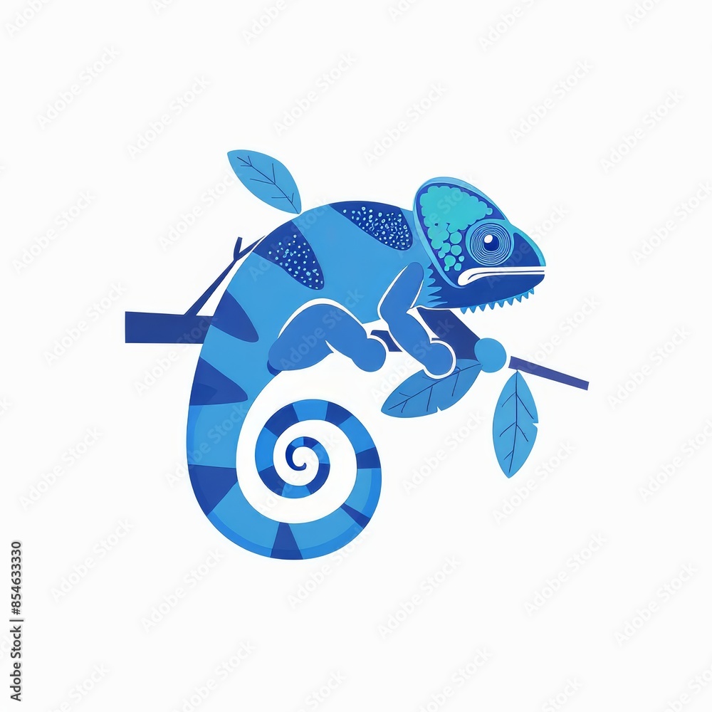 An illustration with a blue chameleon sitting on a branch of a tree on a white background An illustration with a blue chameleon sitting on a branch of a tree on a white background