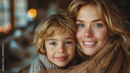 Smiling mother and child snuggled in warm, cozy scarves indoors. Capturing a loving and tender family moment in a warm setting.