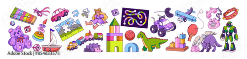 Children toys set. Different educational, board games for babies: pyramid, blocks. Childish cars, dolls, kids train, plush bear, dinosaur figure. Flat isolated vector illustrations on white background