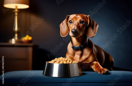 a red-haired dachshund with a plate of dog food