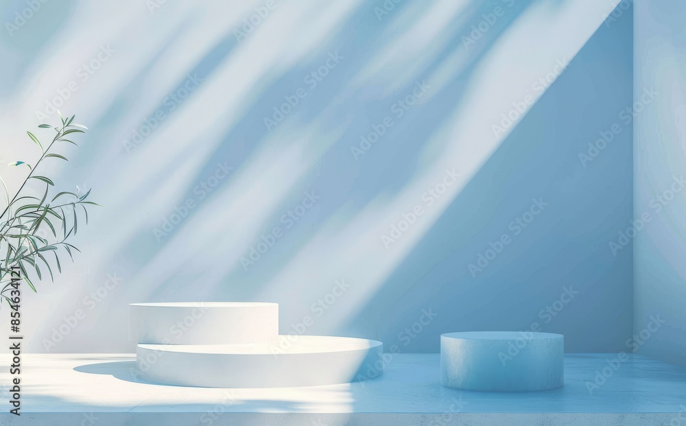 Light blue minimalist background with podiums on different tiers for presentation of products. Light blue minimalist background with podiums on different tiers for presentation of products.