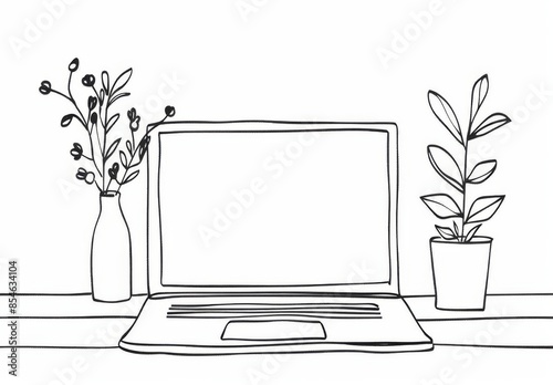 Modern illustration of a minimalist one-line laptop on a desk in a diagonal view.