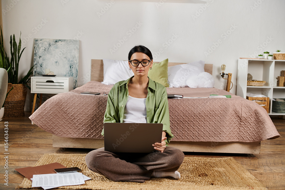 Casual woman immersed in work, seated on floor with laptop. Casual woman immersed in work, seated on floor with laptop.