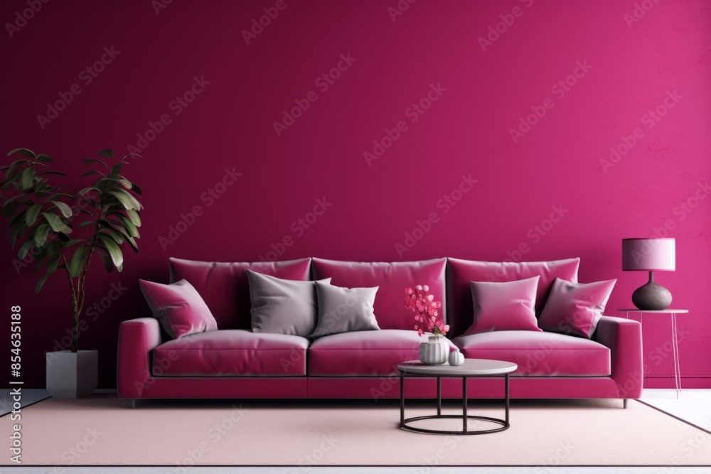 Luxury living room in trend color. Viva magenta walls, lounge furniture. Empty space for art or picture. Rich interior design. Mockup living room or reception hall.