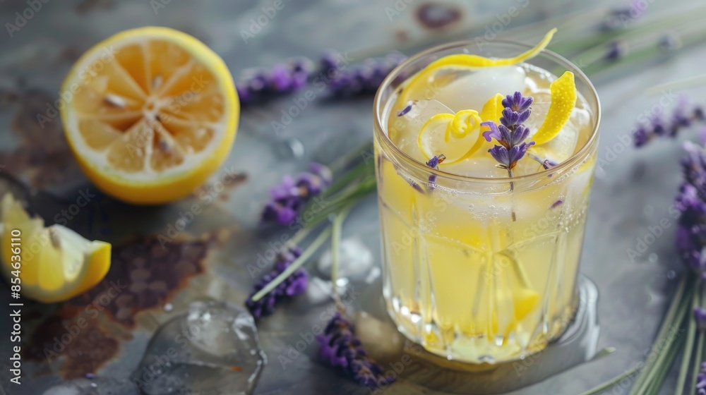 cool lemon and lavender cocktail with a sprig of lavender and a twist of lemon peel cool lemon and lavender cocktail with a sprig of lavender and a twist of lemon peel