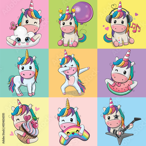 Set of Cute Cartoon Unicorns