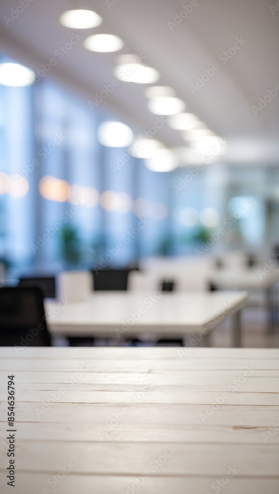 empty white wooden table with blurred business office behind empty white wooden table with blurred business office behind
