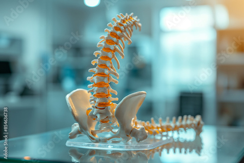 Spine. Anatomical model of the human spine against the background of a medical office. Medicine concept. Physiotherapy.
