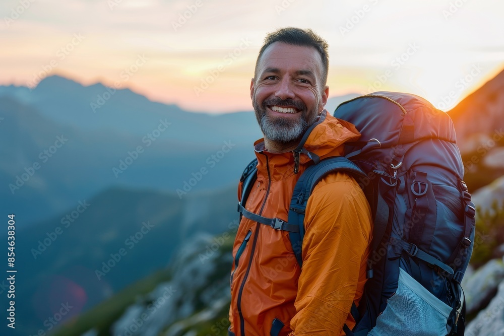 Sunshine and hiking with man in the mountains, fitness and hiking with nature, an adventure with happiness and a getaway trip. Sunshine and hiking with man in the mountains, fitness and hiking with nature, an adventure with happiness and a getaway trip.