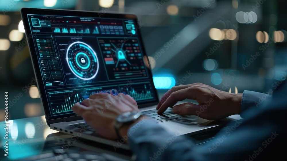 A man is using a laptop with a dashboard management screen with a padlock icon on it as a data protection system. A man is using a laptop with a dashboard management screen with a padlock icon on it as a data protection system.