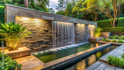 Sleek modern outdoor water feature with wide waterfall cascading down a natural stone wall amidst lush greenery, featuring ample copy space for garden design concepts. photo