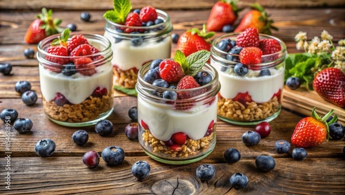 Artfully arranged jars of fresh berries, crunchy granola, and creamy yogurt sit atop a rustic wooden table, invitingly framed for copy space.