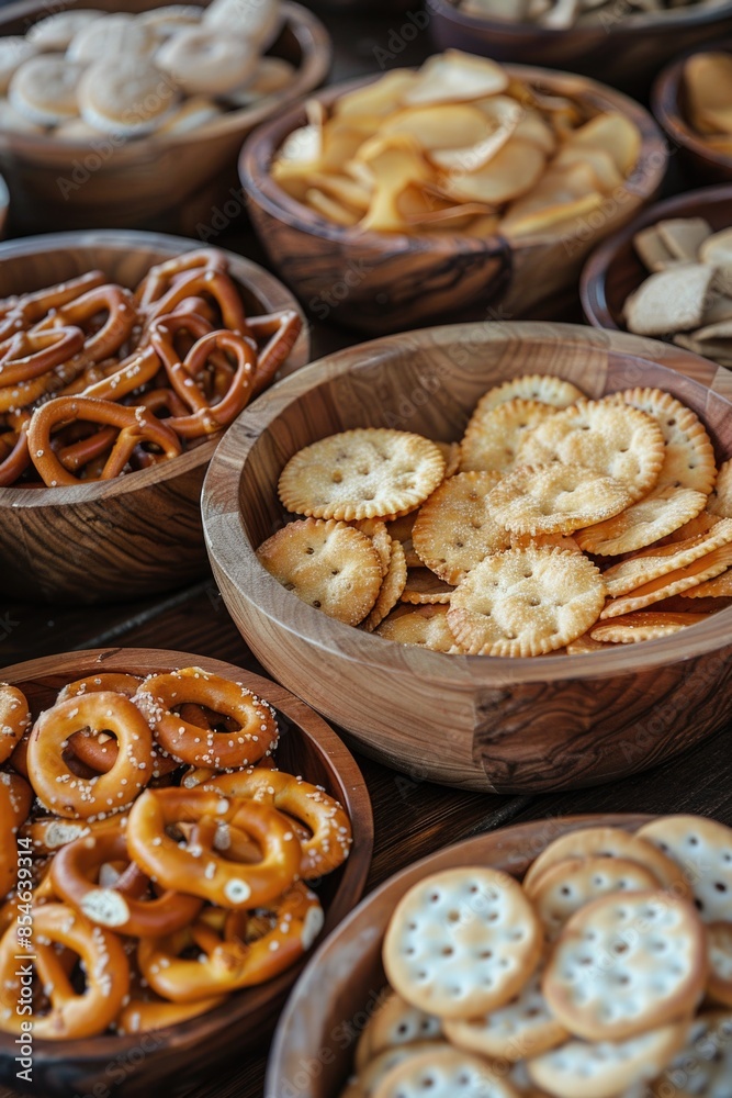 A table filled with wooden bowls containing crackers and pretzels, perfect for parties or snacks A table filled with wooden bowls containing crackers and pretzels, perfect for parties or snacks