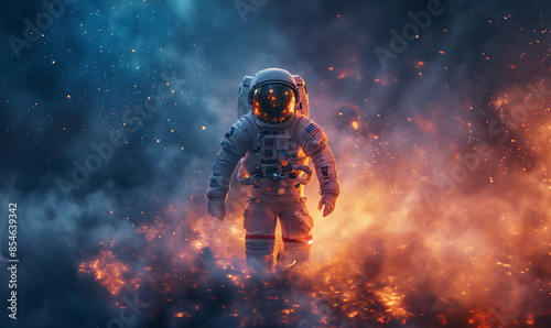 Cosmic sky. Solar system. Planets. Astronaut in a spacesuit during a spacewalk © ValNik Creations