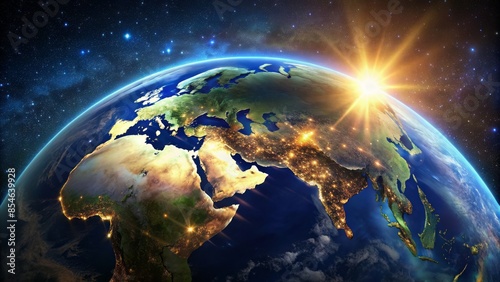 Fototapeta Naklejka Na Ścianę i Meble -  Realistic 3d illustration of earth from space features intricate planet surface topography and vibrant city lights illuminating the nighttime globe.