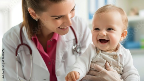 A pediatrician holds a baby for a health check at a newborn and general clinic.