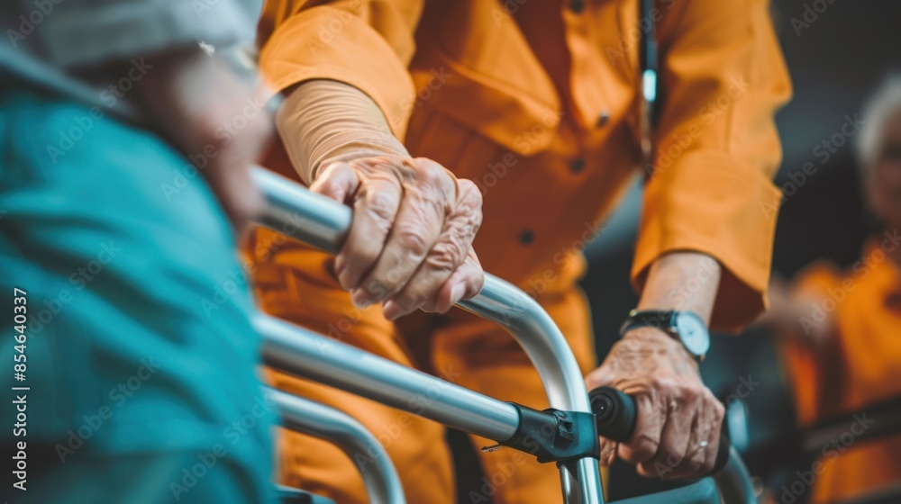 A nurse practices physical therapy for an elderly person holding the hand of a walking frame. A nurse practices physical therapy for an elderly person holding the hand of a walking frame.