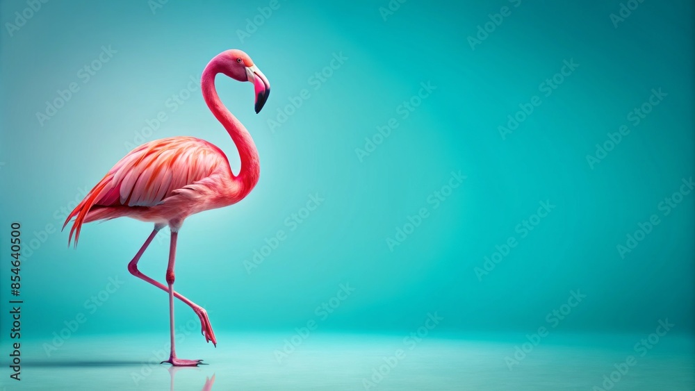 Fototapeta premium Vibrant pink flamingo stands elegantly on a bright light blue background with ample copy space, perfect for summer-themed banners, posters, and advertising materials.