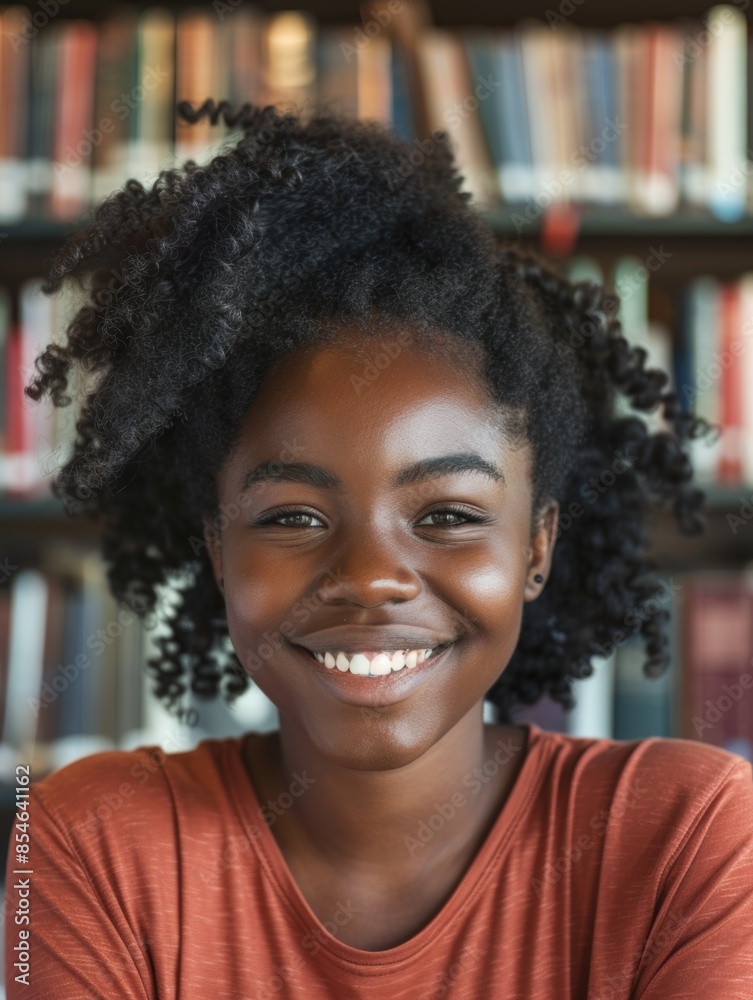 A happy young girl standing in front of a colorful bookshelf, perfect for educational or personal use A happy young girl standing in front of a colorful bookshelf, perfect for educational or personal use