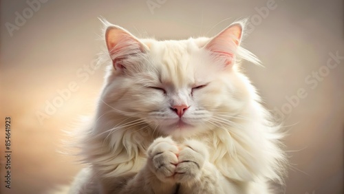 Adorable fluffy white cat with closed eyes and paws clasped together in prayer-like pose lies on soft, creamy background awaiting overlaid text or design.