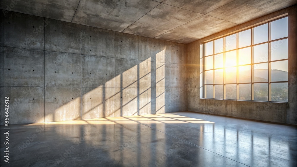 Bare, empty room with polished cement floor and rough gray concrete wall texture, illuminated by warm sunlight streaming through an unseen window, creating a serene atmosphere. Bare, empty room with polished cement floor and rough gray concrete wall texture, illuminated by warm sunlight streaming through an unseen window, creating a serene atmosphere.