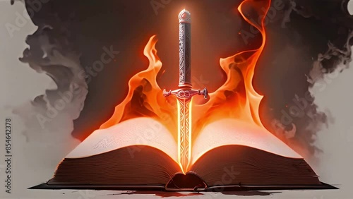 Sword of the spirit. Holy bible. For the word of God is living and active, sharper than any double-edged sword. Flaming sword of the spirit and the word of god concept art. Open bible