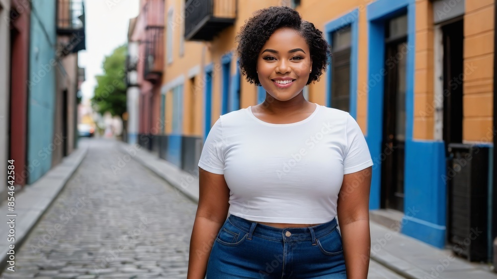 Plus size young black woman with short hair wearing white t-shirt and blue jeans standing in a city alley Plus size young black woman with short hair wearing white t-shirt and blue jeans standing in a city alley