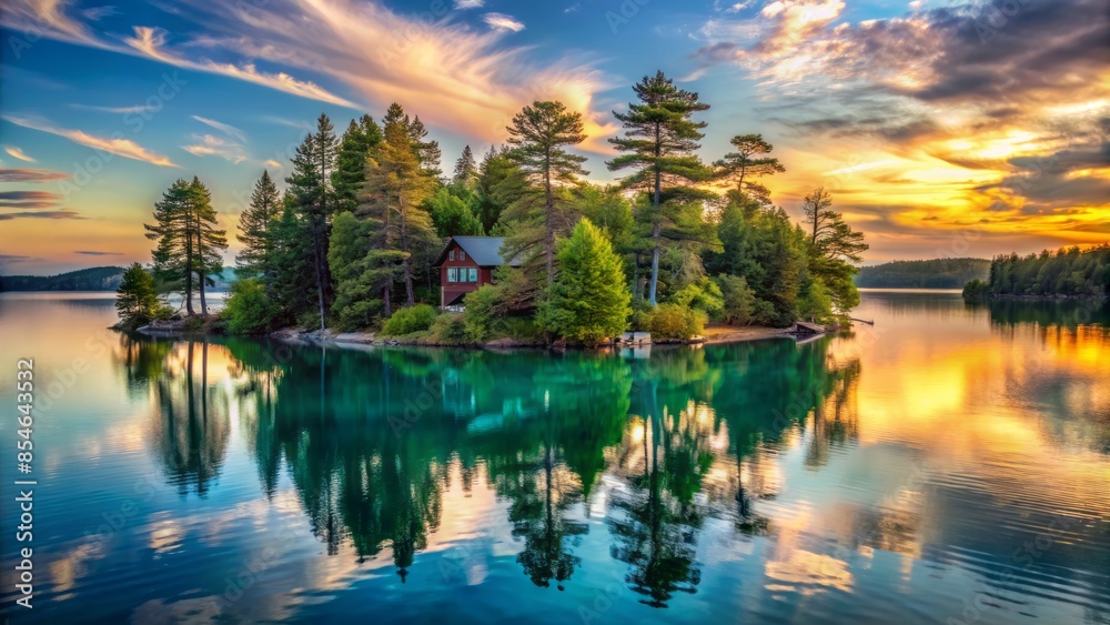 Obraz premium Secluded island residence surrounded by majestic trees, set amidst serene turquoise lake waters, reflecting a picturesque sky with a hint of warm sunrise.