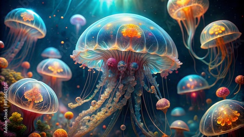 Ethereal transparent fluorescent jellyfish with iridescent tentacles undulate in the dark depths of the ocean surrounded by a kaleidoscope of bioluminescent marine life. photo