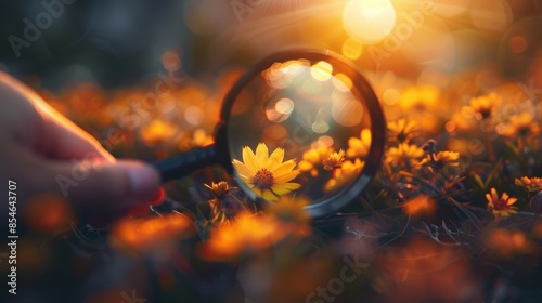 A beautiful yellow flower seen through a magnifying glass, with a warm sunset in the background, emphasizing nature's details and beauty.