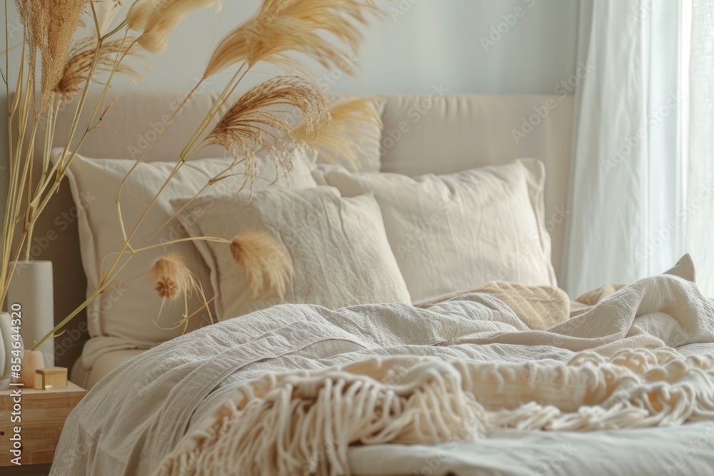 A cozy bed with a white blanket and some plants A cozy bed with a white blanket and some plants