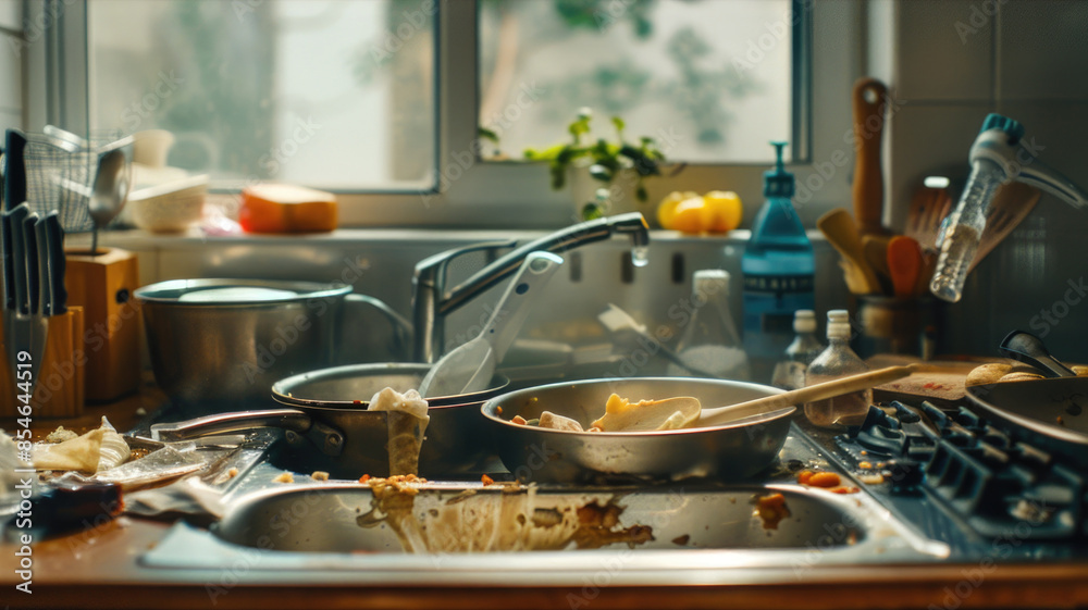 A kitchen sink filled with various pots and pans, a common scene in many homes A kitchen sink filled with various pots and pans, a common scene in many homes