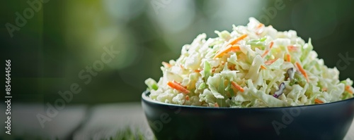 A fresh and delicious bowl of coleslaw with shredded cabbage and carrots, perfect for a healthy side dish or picnic meal. photo