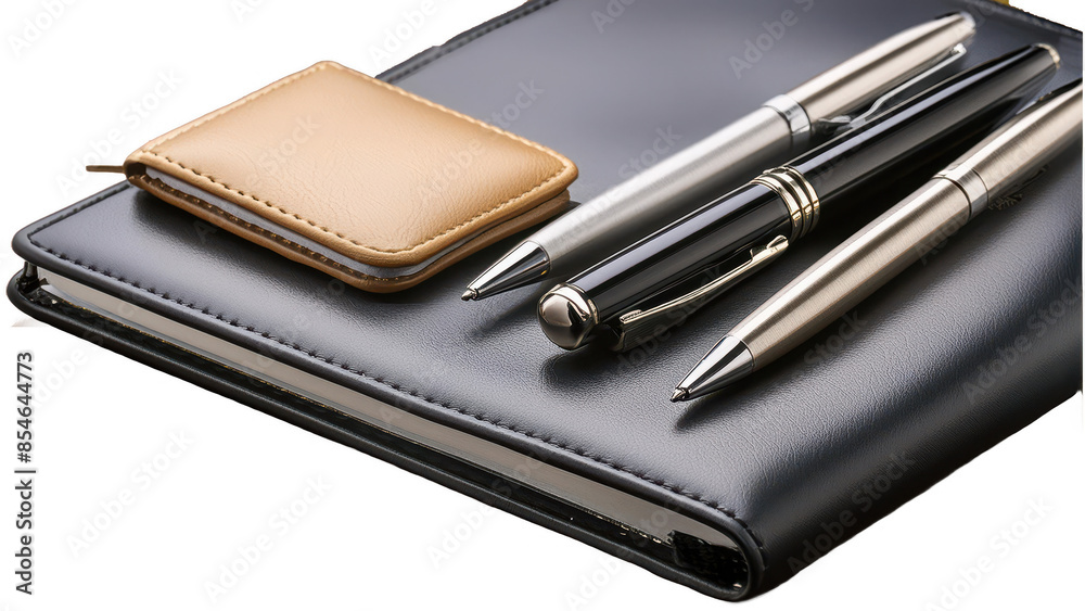 Meeting essentials like high-quality notebook and pens, with realistic textures, transparent background Meeting essentials like high-quality notebook and pens, with realistic textures, transparent background