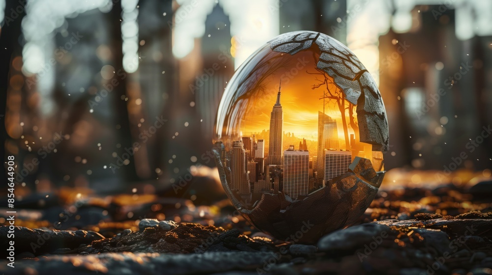 A cracked egg with a cityscape inside, representing new beginnings and possibilities A cracked egg with a cityscape inside, representing new beginnings and possibilities