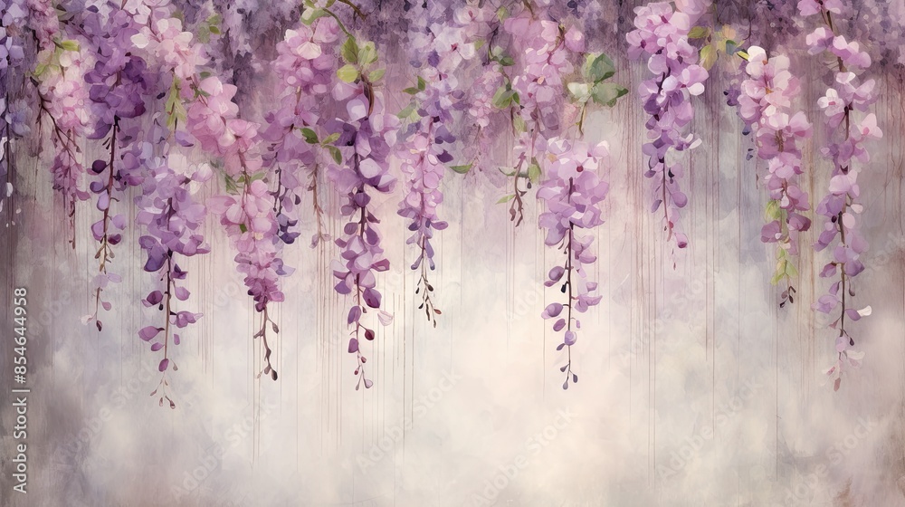 illustration of hanging garlands of beautiful blossoms, romantic style, purple and green colors on a grunge background.