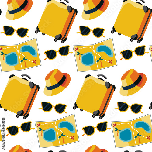 Seamless vector pattern with beach-themed elements sunglasses, suitcase, map, and hat. Ideal for fabric prints, wallpapers, and summer-themed designs.