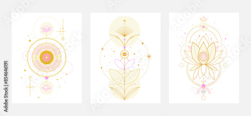 Golden plants, flower with mystical symbols on a white background. Set of magic posters in celestial style.