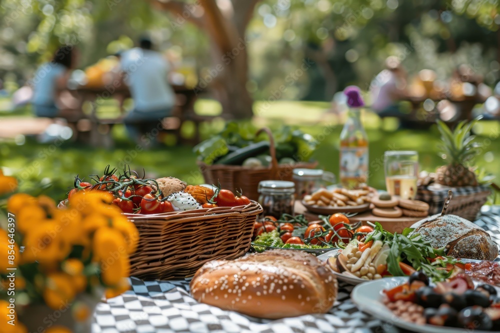 A family having a picnic in a park, with a checkered blanket, a picnic basket, and various snacks spread out. A family having a picnic in a park, with a checkered blanket, a picnic basket, and various snacks spread out.