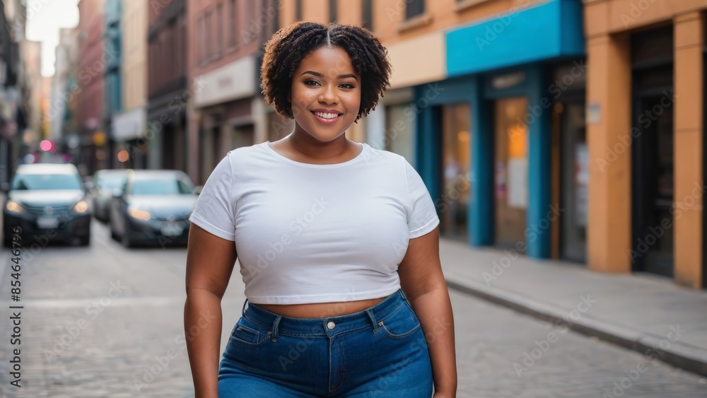 Plus size young black woman with short hair wearing white t-shirt and blue jeans standing on the street Plus size young black woman with short hair wearing white t-shirt and blue jeans standing on the street